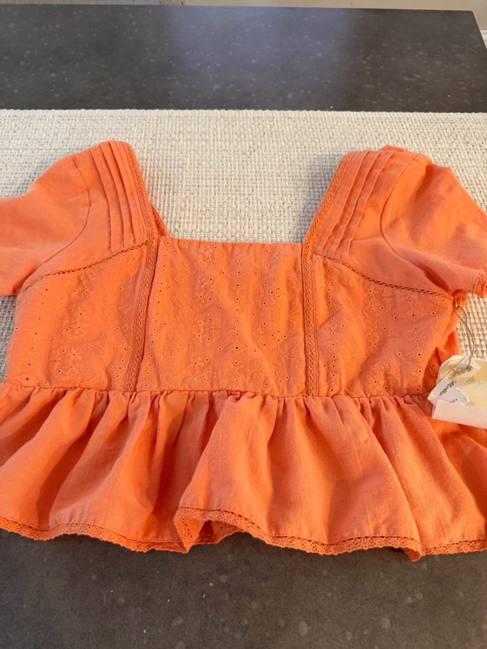 Square-Neck Orange Eyelet Peplum Crop Top